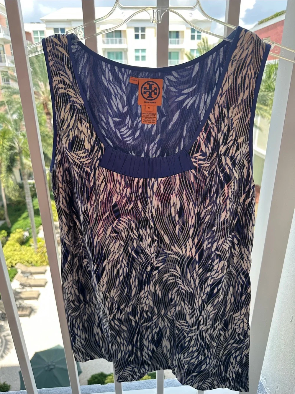 Tory Burch Navy and White Sheer Printed Sleeveless Shell